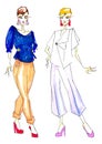 Two models of fashion sketches with breeches and blue office blouse